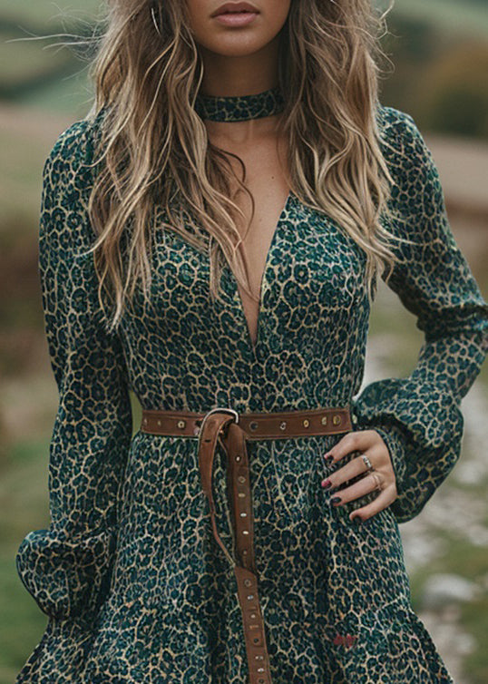 New Green Leopard V Neck Ruffled Cotton Short Dress Spring