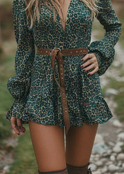 New Green Leopard V Neck Ruffled Cotton Short Dress Spring