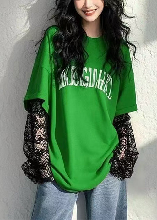 New Green Letter False Two Pieces Lace Patchwork T Shirts Fall