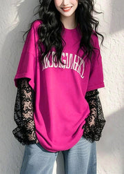 New Green Letter False Two Pieces Lace Patchwork T Shirts Fall