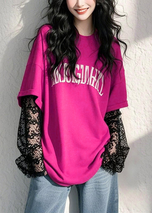 New Green Letter False Two Pieces Lace Patchwork T Shirts Fall