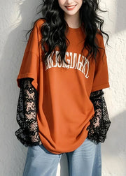 New Green Letter False Two Pieces Lace Patchwork T Shirts Fall