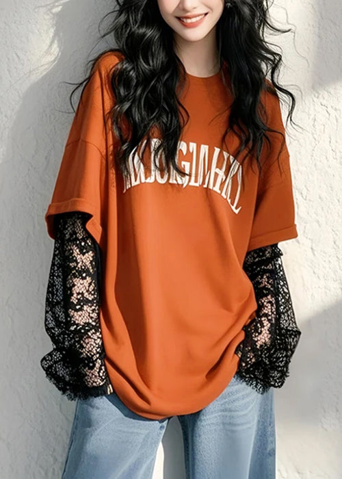 New Green Letter False Two Pieces Lace Patchwork T Shirts Fall