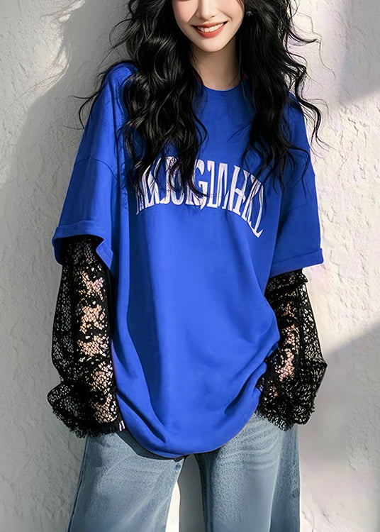 New Green Letter False Two Pieces Lace Patchwork T Shirts Fall