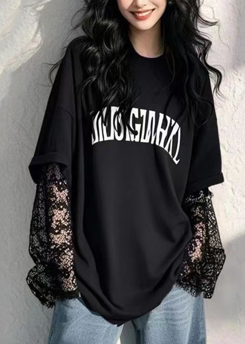 New Green Letter False Two Pieces Lace Patchwork T Shirts Fall
