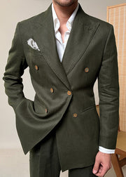 New Green Notched Double Breast Linen Mens Jacket Fall
