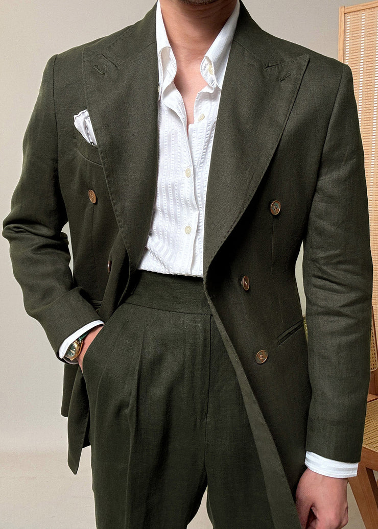 New Green Notched Double Breast Linen Mens Jacket Fall