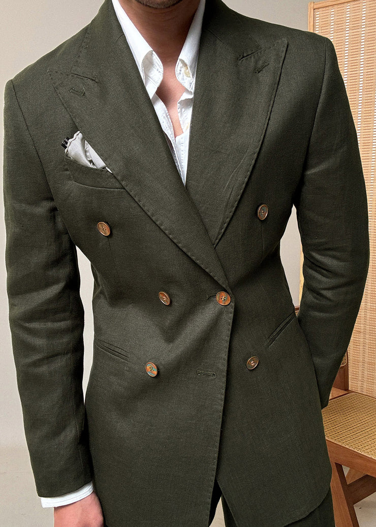 New Green Notched Double Breast Linen Mens Jacket Fall