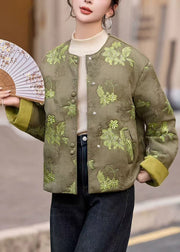 New Green O Neck Embroidered Fine Cotton Filled Jackets Winter