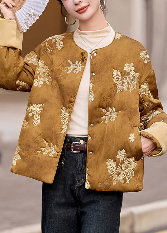 New Green O Neck Embroidered Fine Cotton Filled Jackets Winter