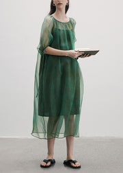 New Green O-Neck Lace Up Patchwork Silk Dress Summer
