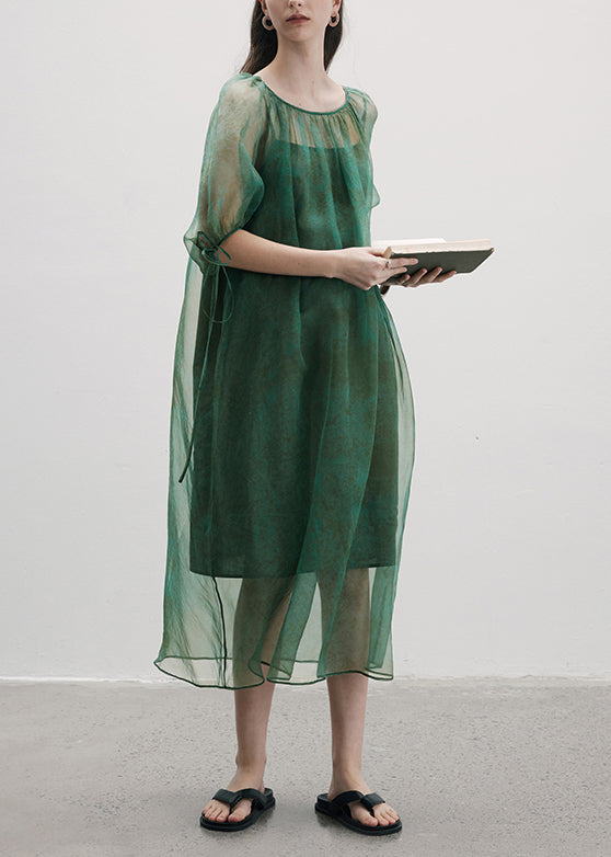 New Green O-Neck Lace Up Patchwork Silk Dress Summer