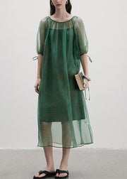 New Green O-Neck Lace Up Patchwork Silk Dress Summer