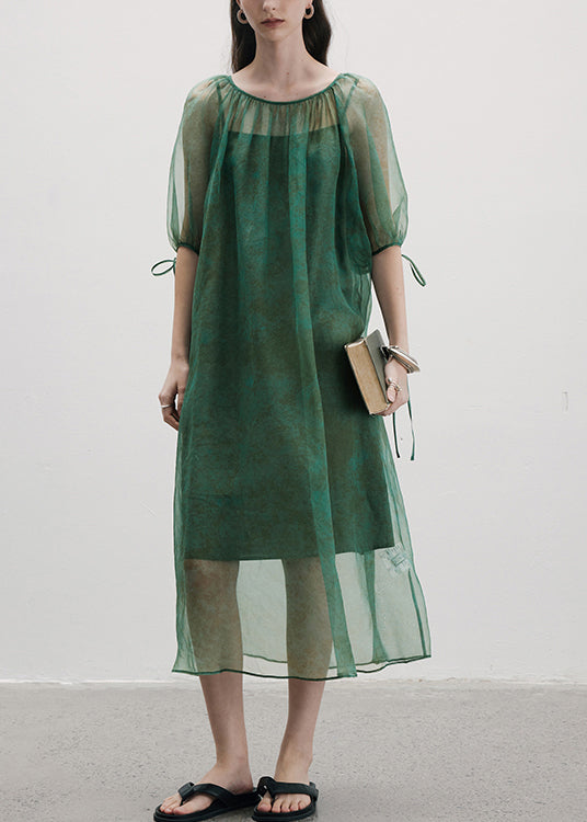New Green O-Neck Lace Up Patchwork Silk Dress Summer