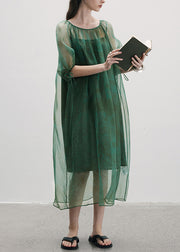 New Green O-Neck Lace Up Patchwork Silk Dress Summer