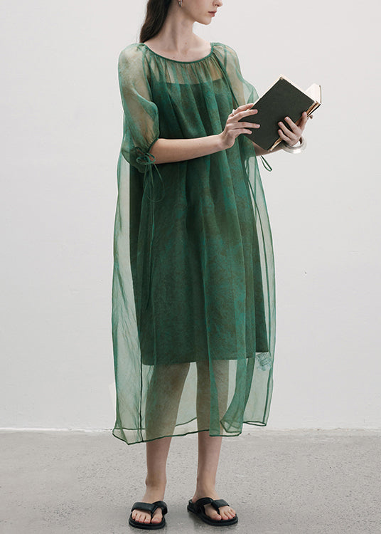 New Green O-Neck Lace Up Patchwork Silk Dress Summer