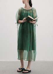 New Green O-Neck Lace Up Patchwork Silk Dress Summer