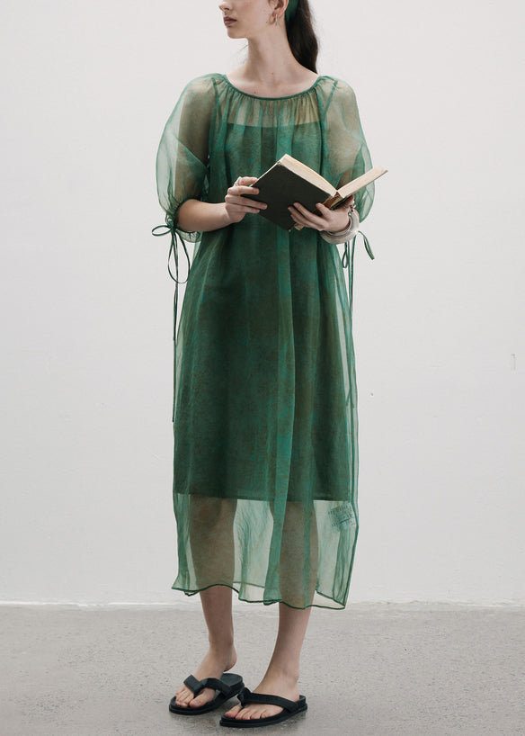 New Green O-Neck Lace Up Patchwork Silk Dress Summer
