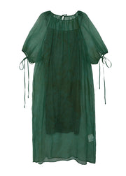New Green O-Neck Lace Up Patchwork Silk Dress Summer