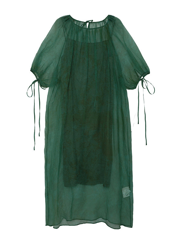 New Green O-Neck Lace Up Patchwork Silk Dress Summer