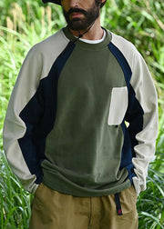 New Green O Neck Patchwork Cotton Men T Shirts Spring