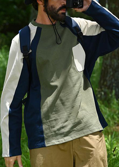 New Green O Neck Patchwork Cotton Men T Shirts Spring