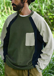 New Green O Neck Patchwork Cotton Men T Shirts Spring