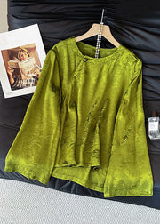 New Green O Neck Print Button Silk Shirt Fall