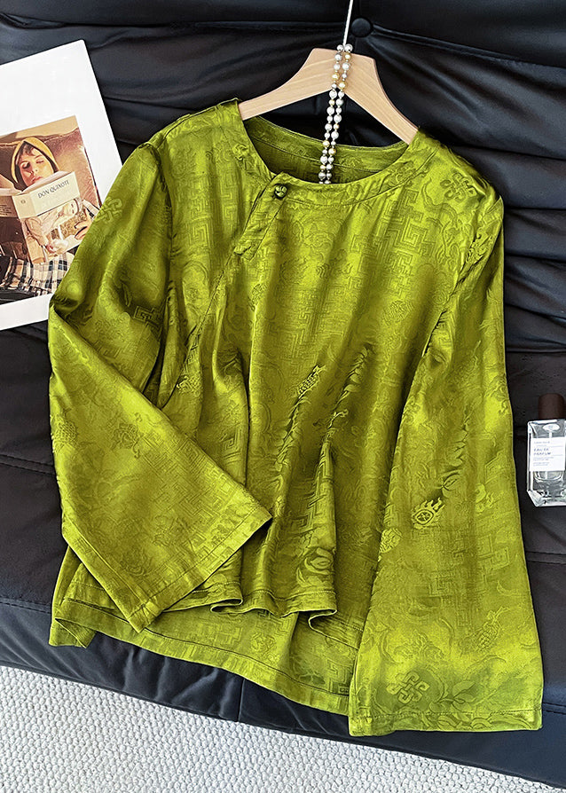 New Green O Neck Print Button Silk Shirt Fall