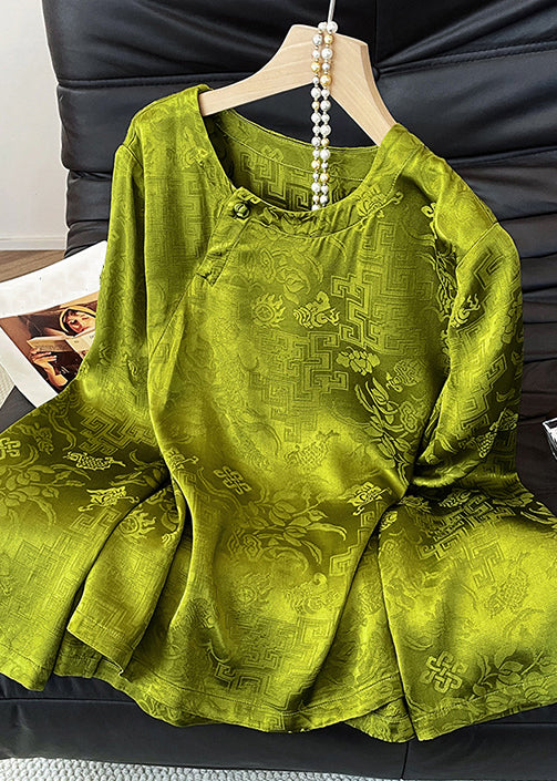 New Green O Neck Print Button Silk Shirt Fall