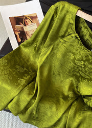 New Green O Neck Print Button Silk Shirt Fall