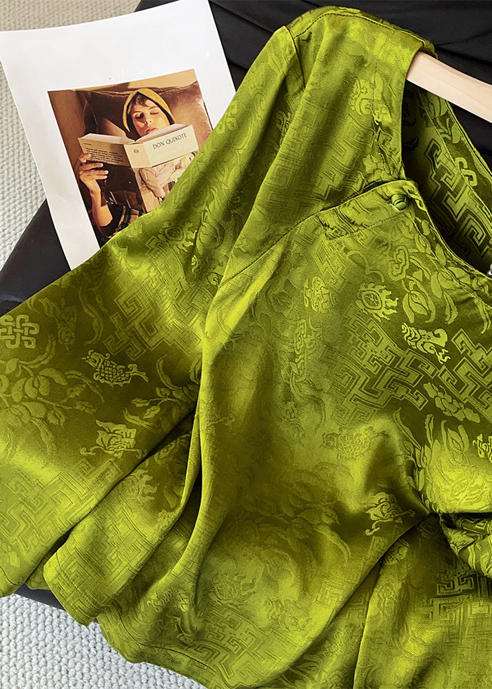 New Green O Neck Print Button Silk Shirt Fall
