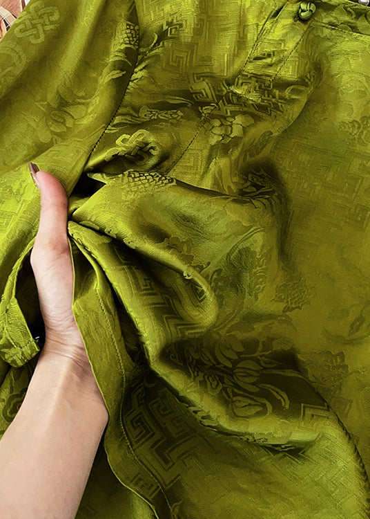 New Green O Neck Print Button Silk Shirt Fall