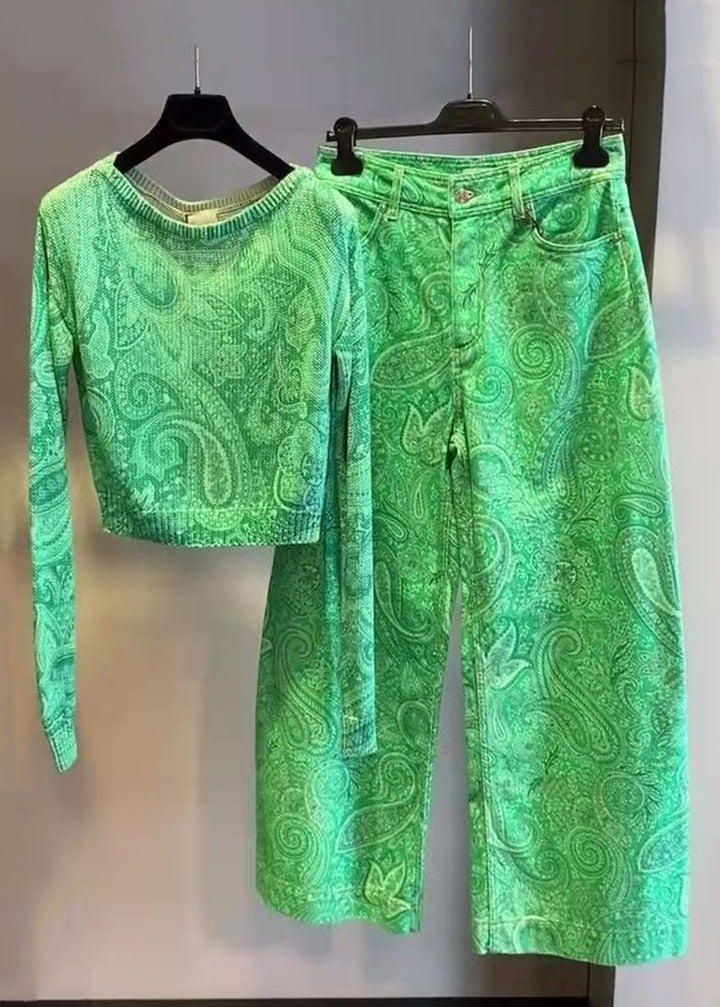 New Green O-Neck Print Cotton Two Pieces Set Long Sleeve