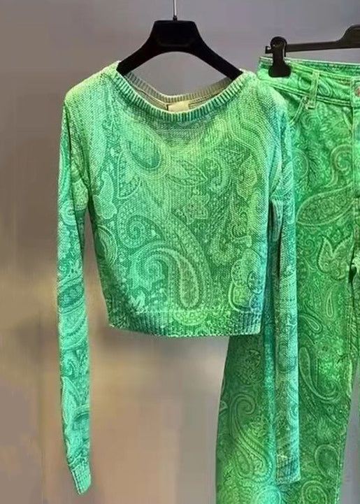 New Green O-Neck Print Cotton Two Pieces Set Long Sleeve