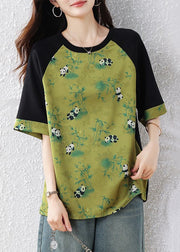 New Green O Neck Print Patchwork Cotton T Shirts Summer