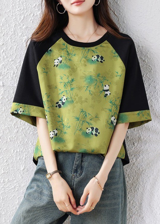 New Green O Neck Print Patchwork Cotton T Shirts Summer