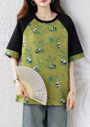 New Green O Neck Print Patchwork Cotton T Shirts Summer