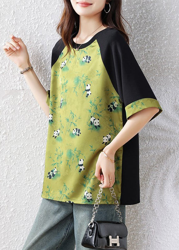 New Green O Neck Print Patchwork Cotton T Shirts Summer