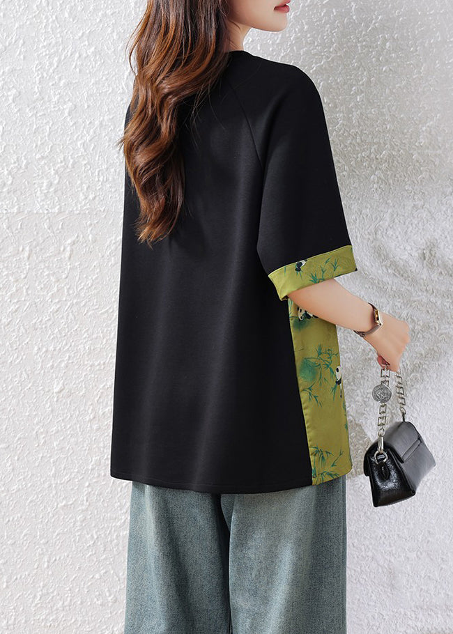 New Green O Neck Print Patchwork Cotton T Shirts Summer