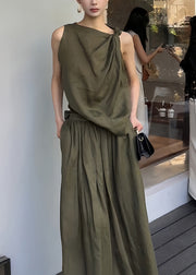 New Green Original Design Tank And Skirts Linen Two Piece Set Sleeveless