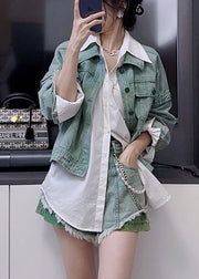 New Green Peter Pan Collar Button Denim Two Pieces Set Long Sleeve