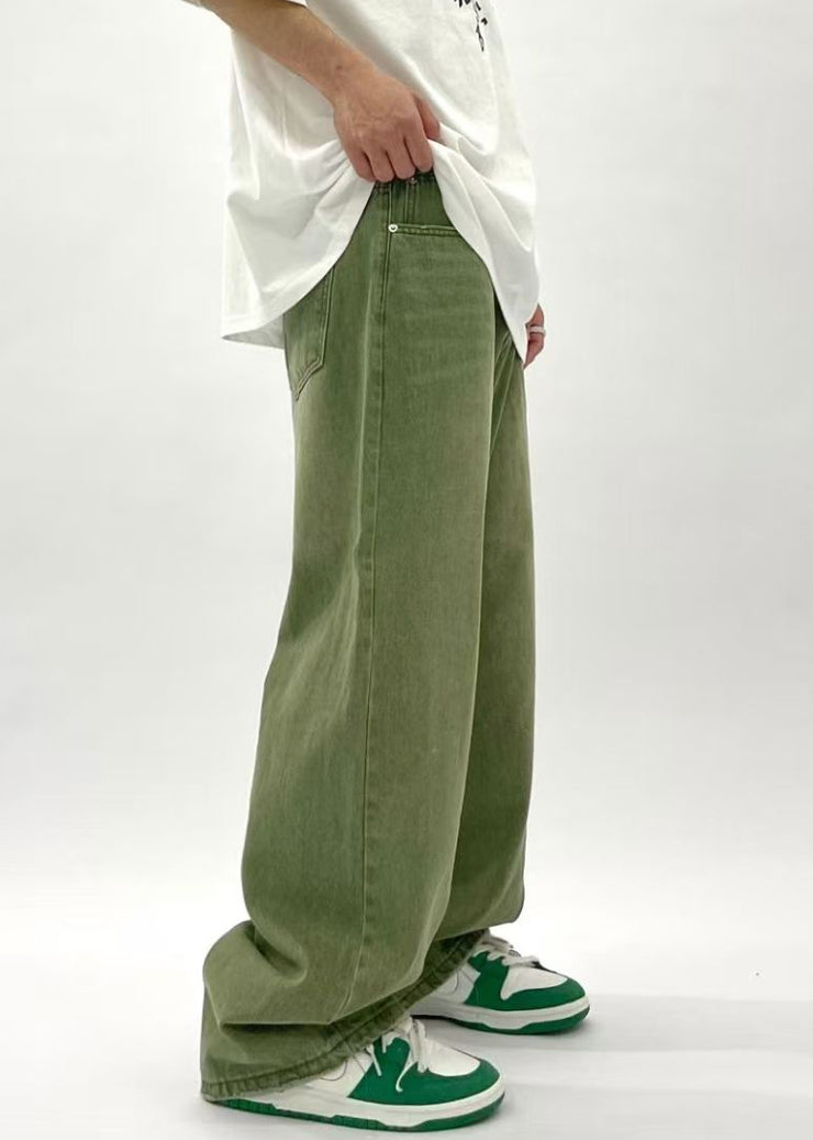 New Green Pockets High Waist Denim Pants Men Summer