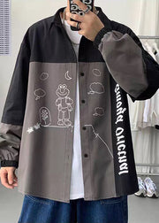 New Green Print Button Patchwork Cotton Shirts Mens Spring