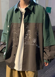 New Green Print Button Patchwork Cotton Shirts Mens Spring