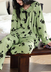 New Green Print Elastic Waist Cotton Pajamas Two Pieces Set Fall