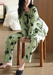 New Green Print Elastic Waist Cotton Pajamas Two Pieces Set Fall