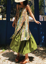 New Green Print Side Open Patchwork Cotton Spaghetti Strap Dress Sleeveless