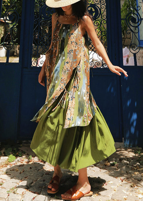 New Green Print Side Open Patchwork Cotton Spaghetti Strap Dress Sleeveless