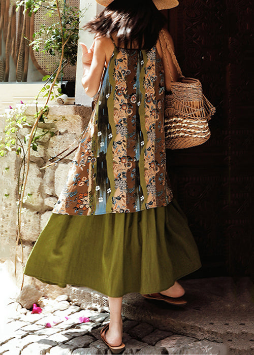 New Green Print Side Open Patchwork Cotton Spaghetti Strap Dress Sleeveless